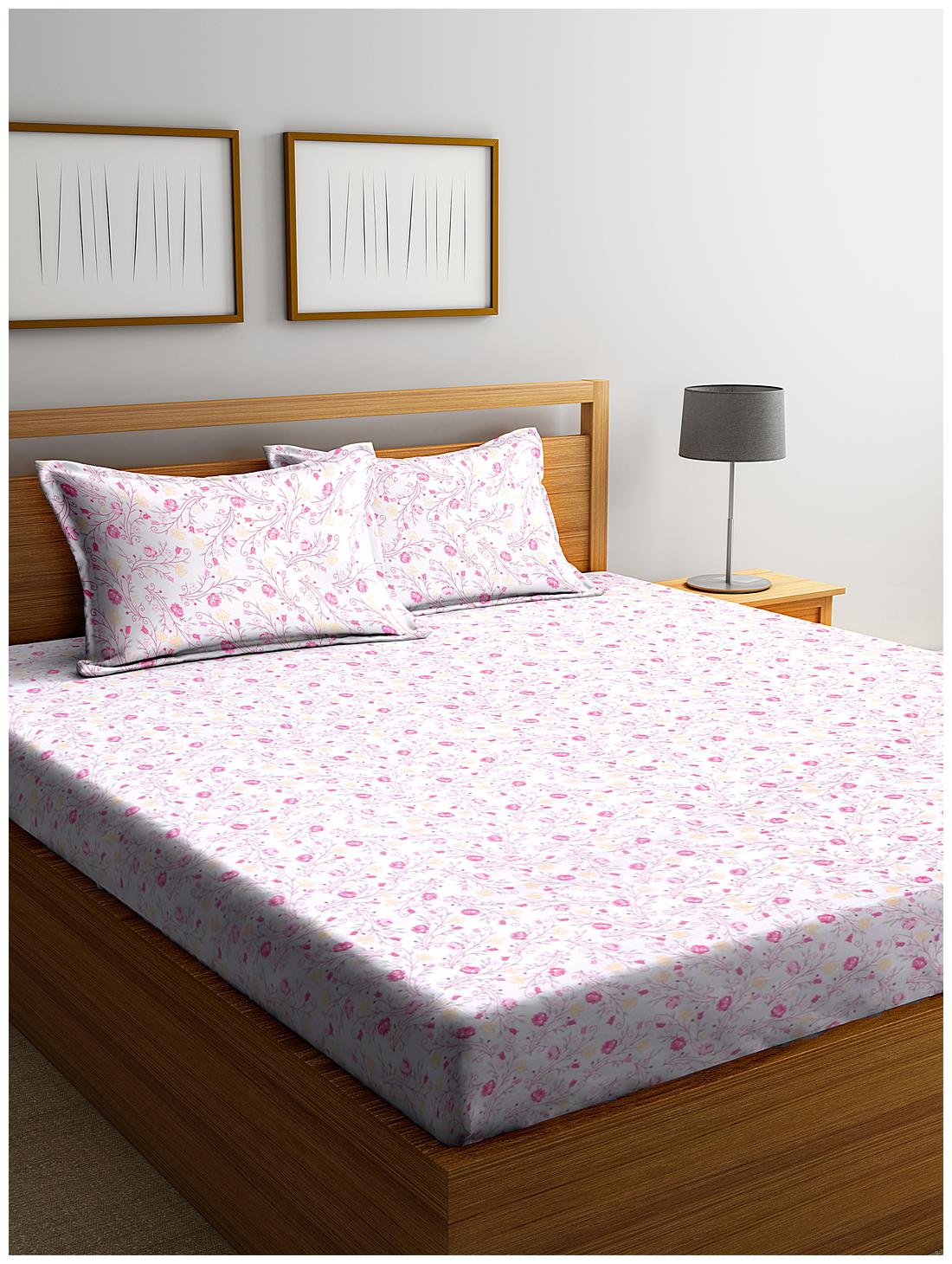 

SWHF Cotton Floral Double Size Bedsheet 180 TC ( 1 Bedsheet With 2 Pillow Covers Pink White )
