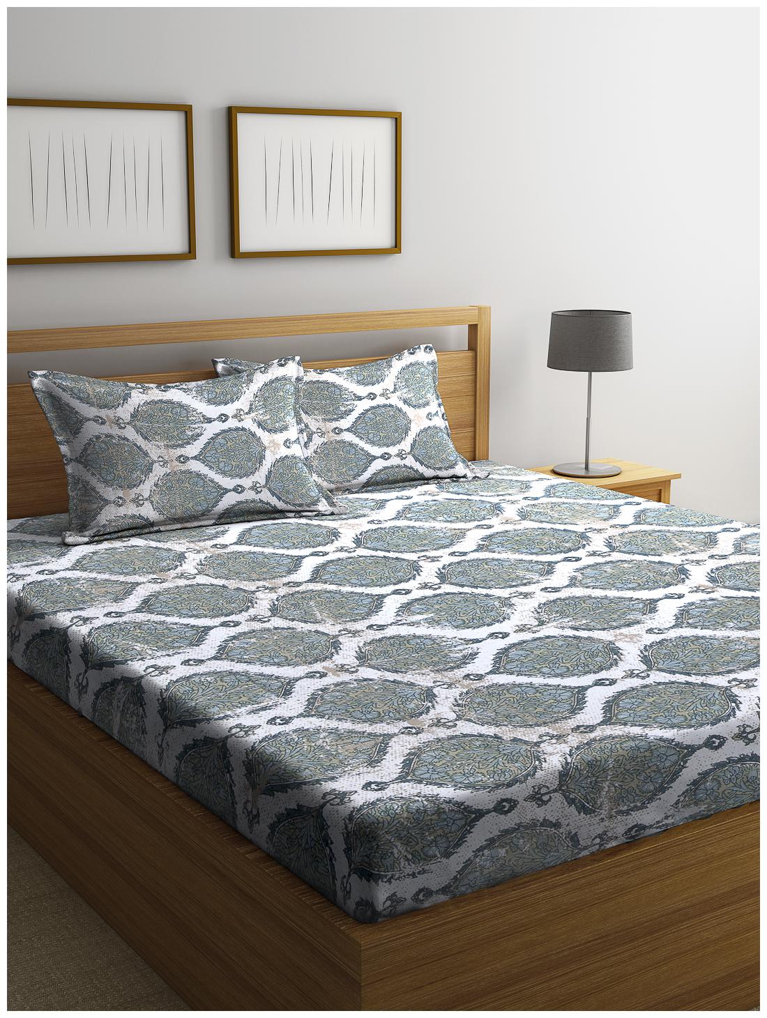 

SWHF Cotton Floral Double Size Bedsheet 144 TC ( 1 Bedsheet With 2 Pillow Covers Blue White )