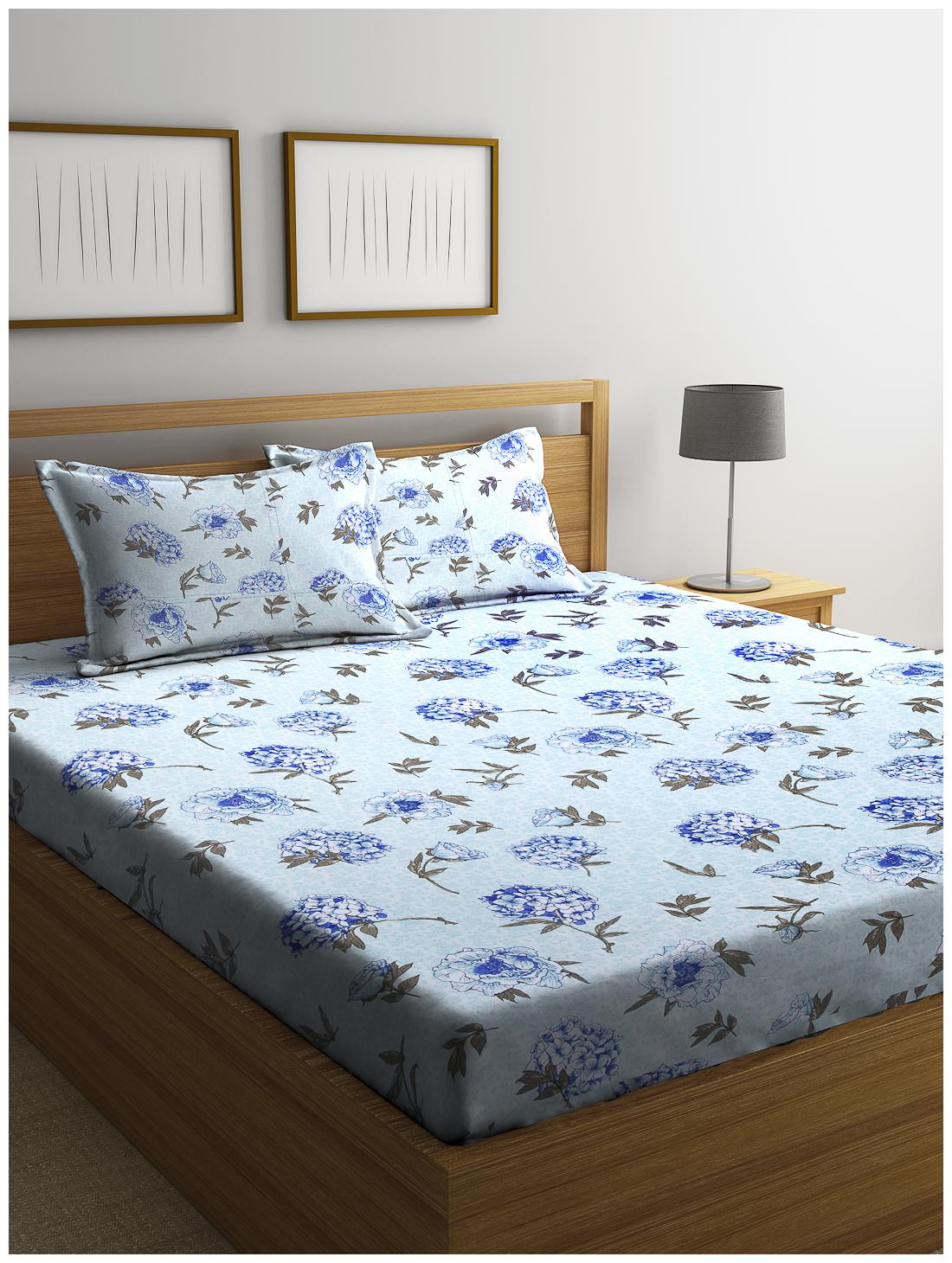 

SWHF Cotton Floral Double Size Bedsheet 144 TC ( 1 Bedsheet With 2 Pillow Covers Blue )