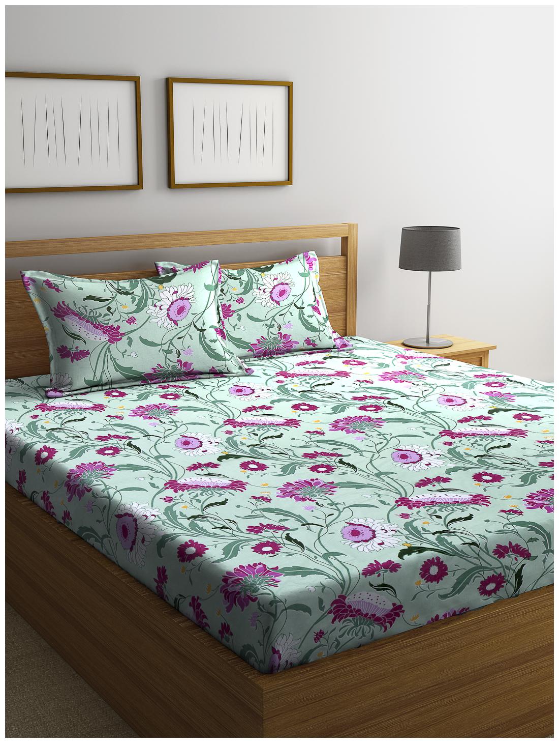 

SWHF Cotton Floral Double Size Bedsheet 144 TC ( 1 Bedsheet With 2 Pillow Covers Pink Green )