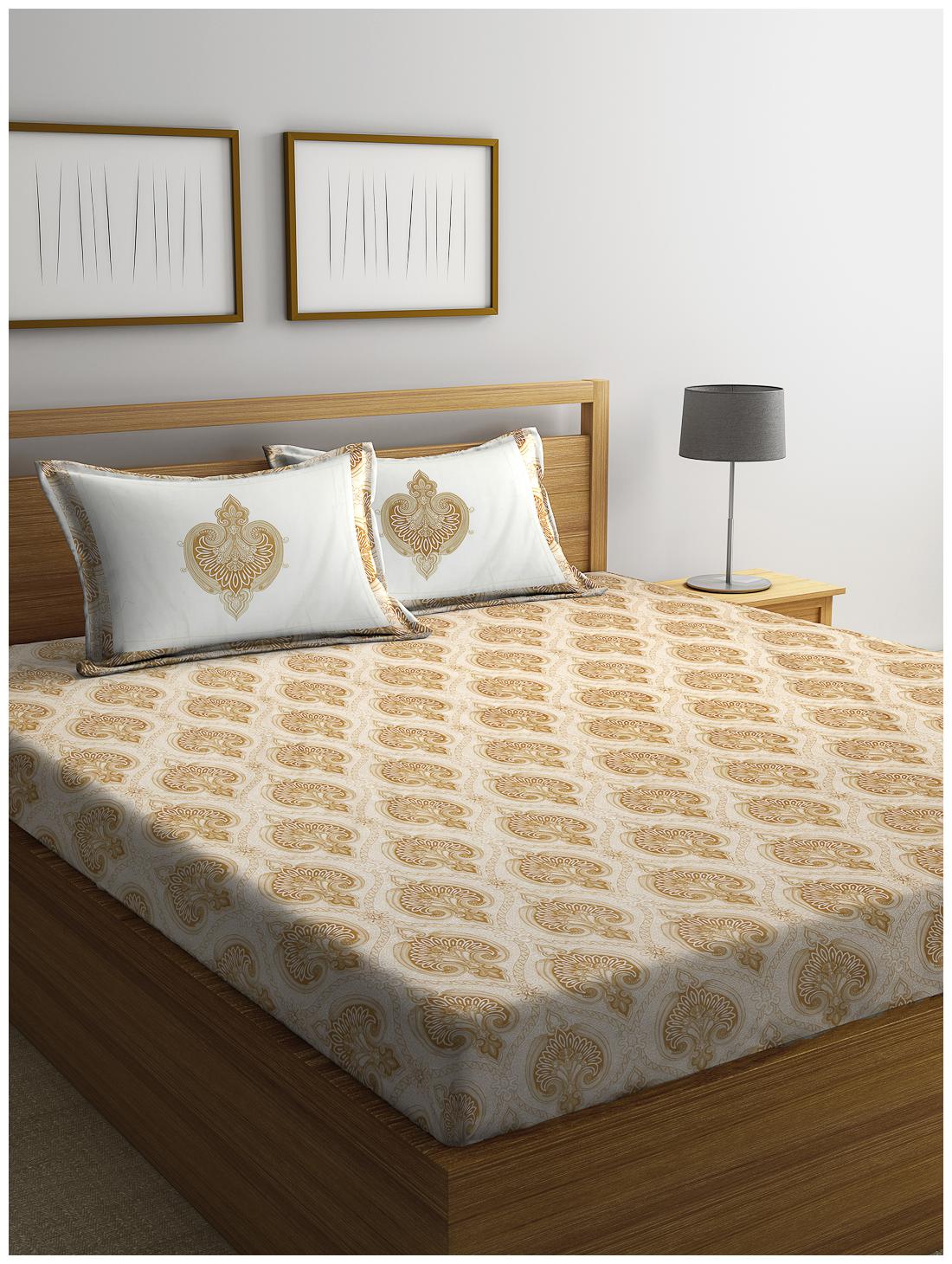 

SWHF Cotton Floral King Size Bedsheet 600 TC ( 1 Bedsheet With 2 Pillow Covers Beige )