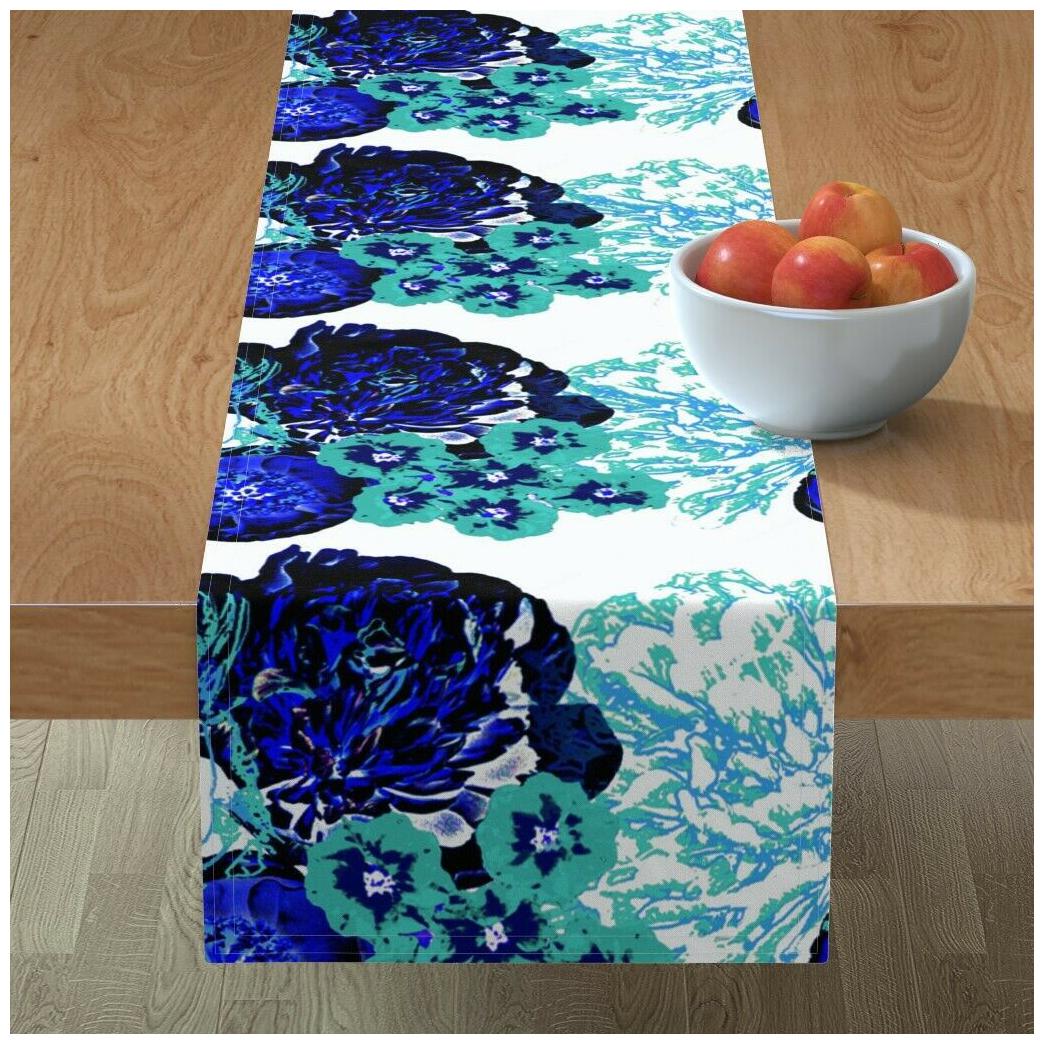 

Table Runner Blue Teal Mid Century Floral Flowers Cotton Sateen