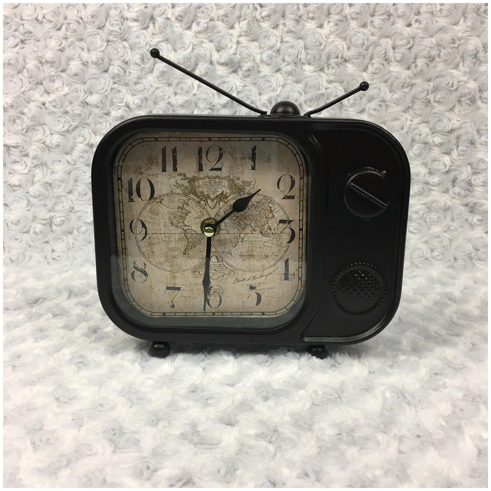 

Table Top Clock w Map Image Faux Textured Iron VTG Television Theme Studio 350