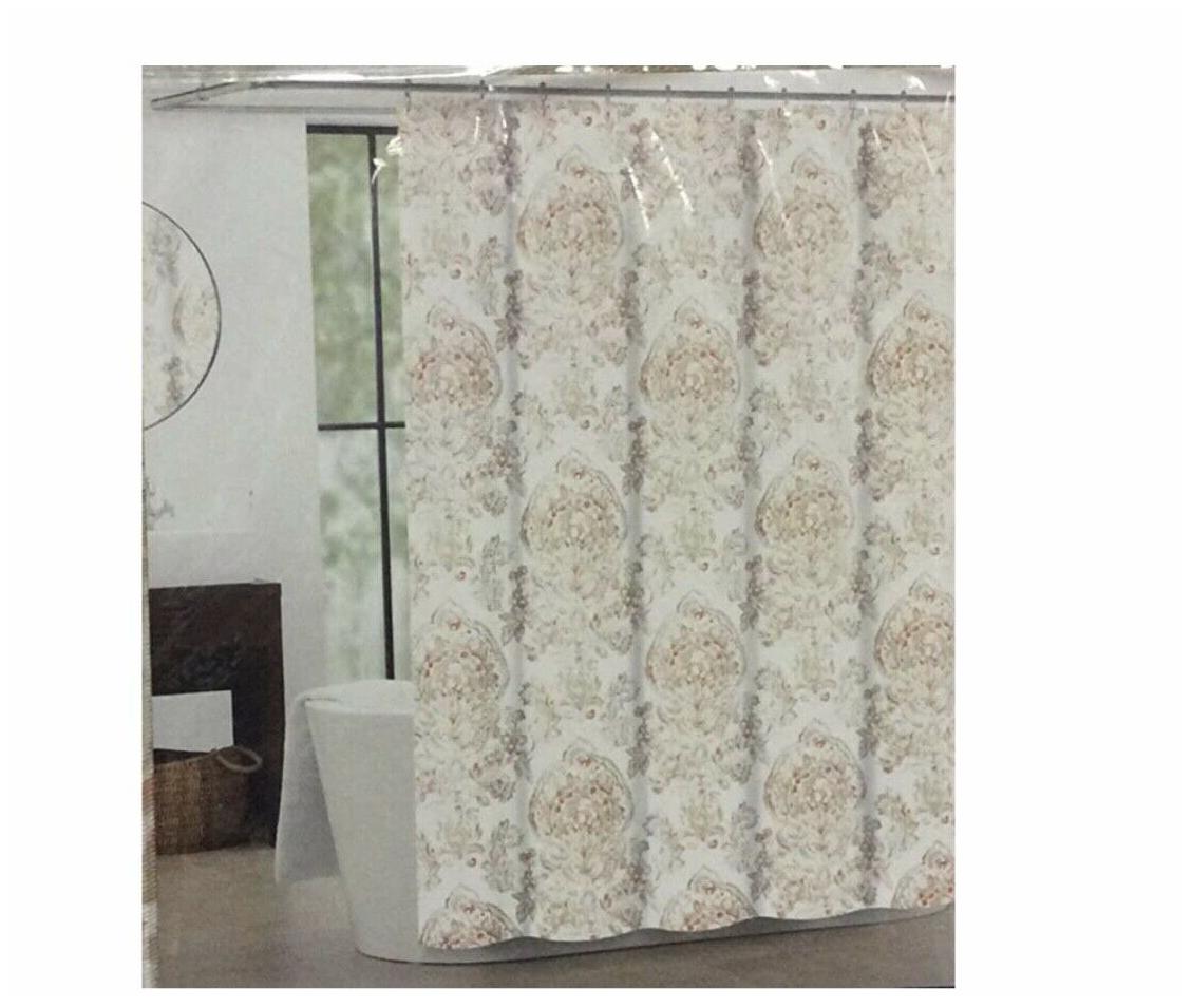 

Tahari Luxury Cotton Blend Shower Curtain Cream red Taupe Large Cognac Damask