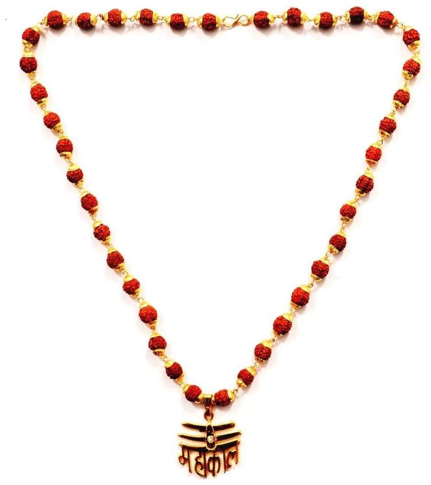 

Takshila Gems Natural 5 Face Rudraksha Mala with Mahakal Locket Golden Caps Ruraksha Necklace for Men Women (54 1 Beads)