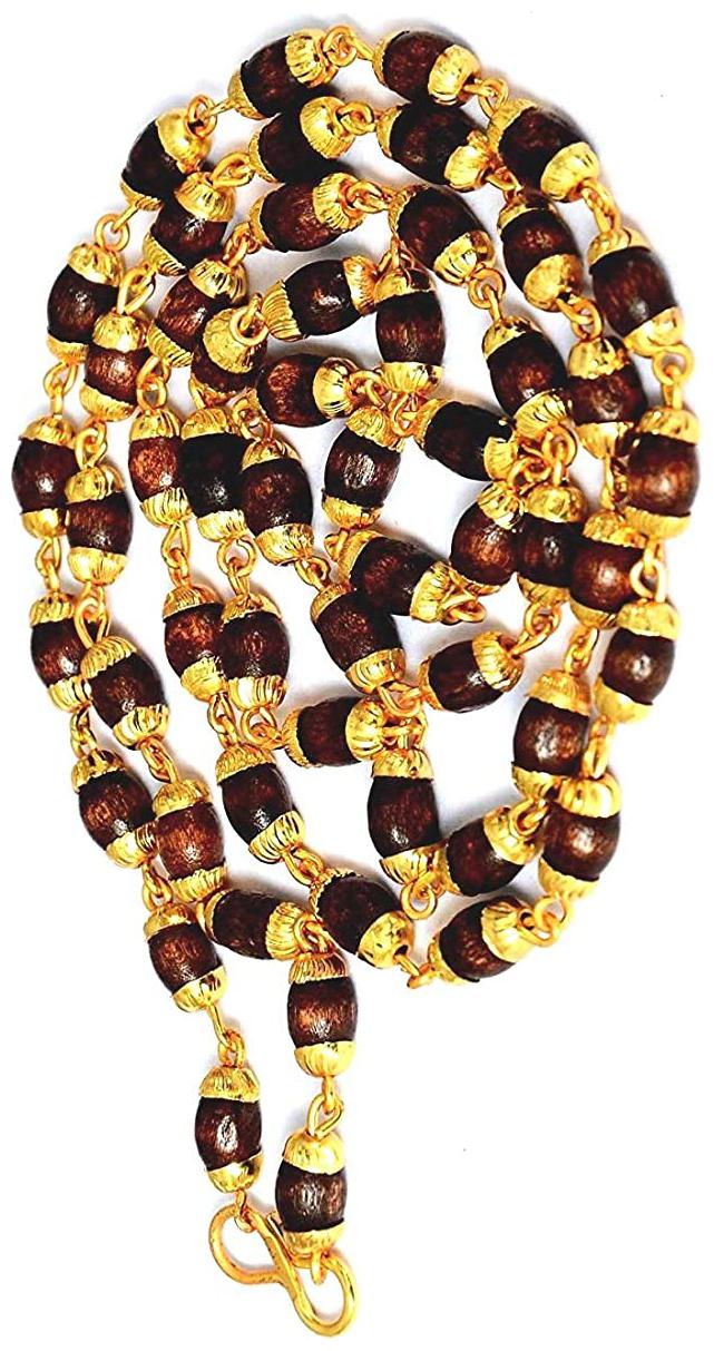 

Takshila Gems Natural Red Sandalwood Necklace for Man Women (3 mm) 54 Beads Gold Polished Caps Necklace with S - Hook