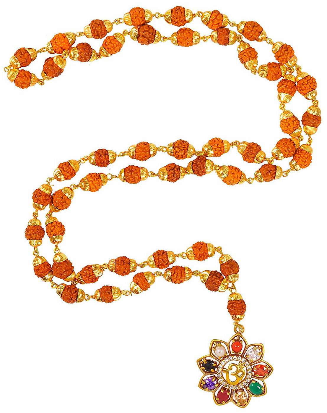 

Takshila Gems 5 Face Rudraksha Mala with Navratna Pendant 54 1 (6 mm Beads) Golden Caps Rudraksha Necklace with Navratna Locket