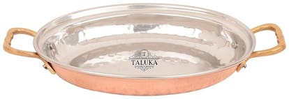 Taluka ( 10 x 6 x 1.5 approx) Pure Copper and Stainless Steel Oval Platter Rice Plate Server Home Hotel Restaurant Use