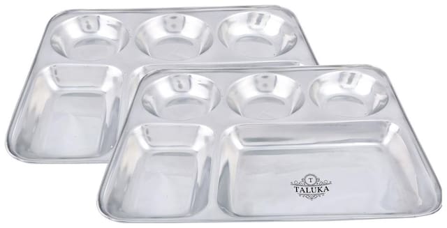 Taluka (13 x 10.7x1 inch) Pure Stainless Steel 5 in 1 Compartment Plate Thali Bhojan Thali Steel Plate Food Dinner Snacks Plate Set OF 2