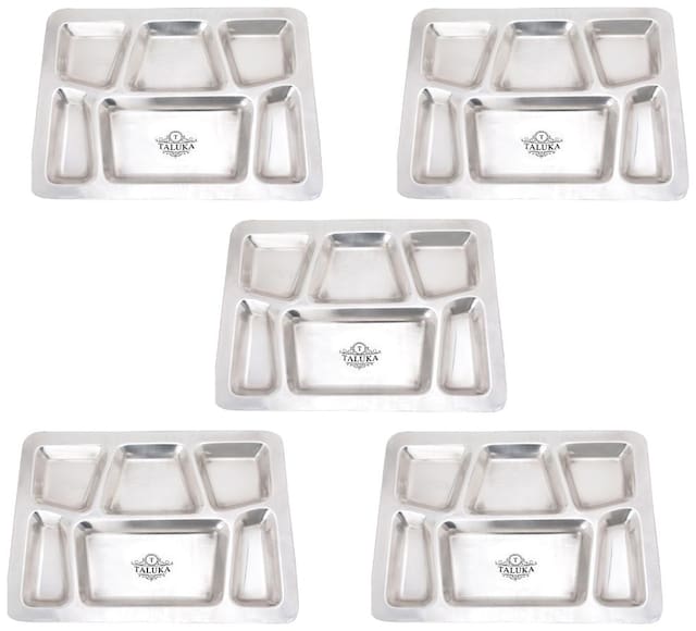 Taluka (15.7 x 11.9 in approx) Pure Stainless Steel 6 in 1 Compartment Plate Thali Bhojan Thali Steel Plate Set OF 6