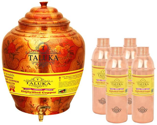 Taluka Apple Design Pure Copper Water Pot Dispenser Matka Water Tank Water Storage Capacity :- 16 L Weight :- 1600 g With Handmade Set 4 Copper Bottle 800 ml Each