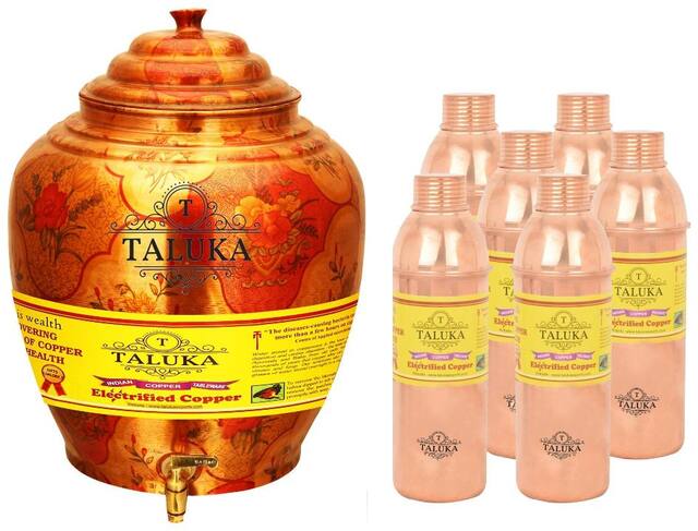 Taluka Apple Design Pure Copper Water Pot Dispenser Matka Water Tank Water Storage Capacity :- 16 L Weight :- 1600 g With Handmade Set 6 Copper Bottle 800 ml Each