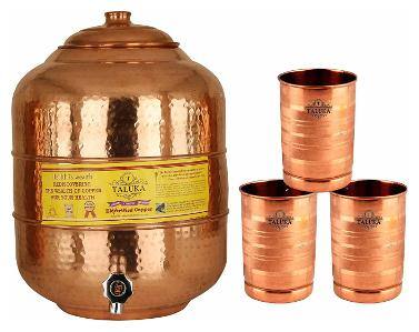 Taluka Handmade Healthy Pure Copper Matka Water Pot Pitcher Pot Water Tank Capacity :- 6000 ml With 3 Copper Glass 300 ml for Water Drinking Ayurvedic benefits Weight :- 1350 Grams