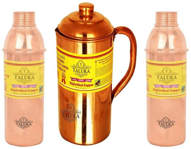 Taluka Plain Copper Jug Pitcher 1500 ml with 2 pc 800 ML Water Bottle Storage Drinking | Home Hotel Tableware Pack Of 3