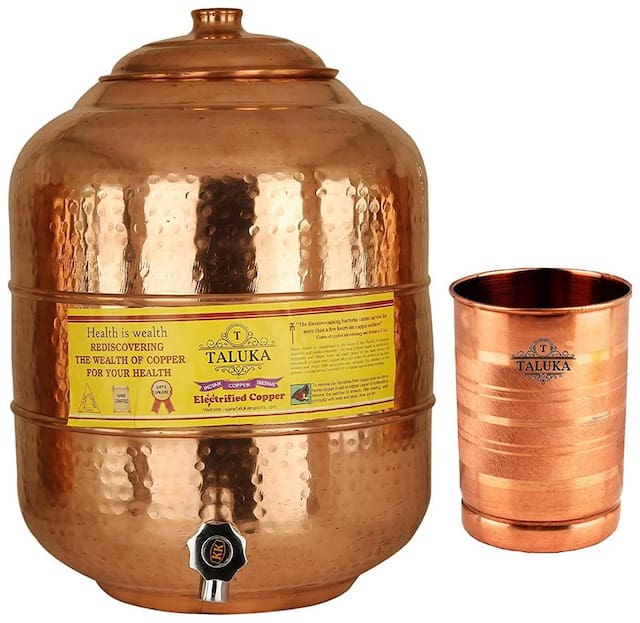 Taluka Pure Copper Water Pot Storage Tank Matka Dispeser 16 L Capacity 16000 ML With 1 Copper Glass 300 ML for Water Drinking Ayurvedic benefits Weight :- 2200 Grams