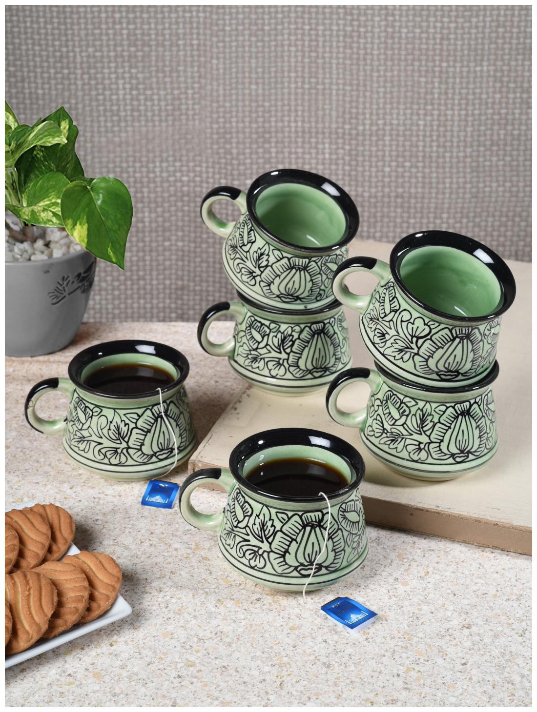 

Tashveen Articles Coffee Mug Tea Cups Hand Painted Tea Cup Set of 6 ( Metalic Green with Mughal Hand Painting in Glossy Finish) Coffee Cup Ceramic Cup and Tea Set (180 ml)