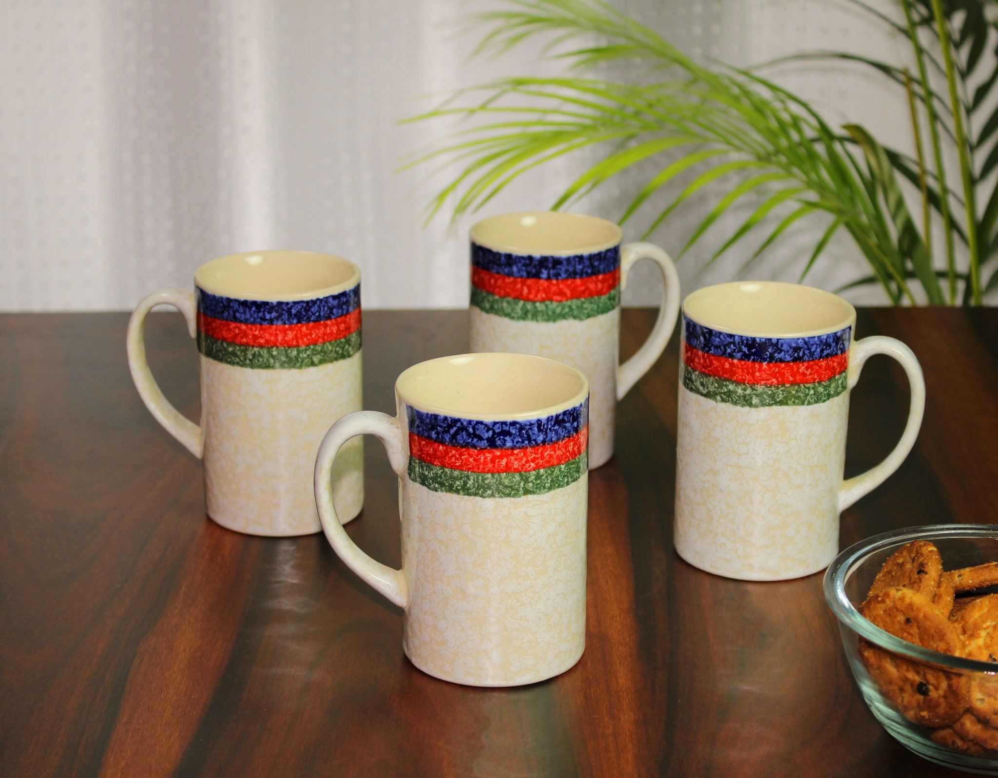 

Tashveen Articles Handmade Dual Glazed Studio Ceramic Coffee Mugs Set of 4 (Glazed Off White with Multi Colour-260 ML) Beer Mug Large Coffee Mug Tea Cups