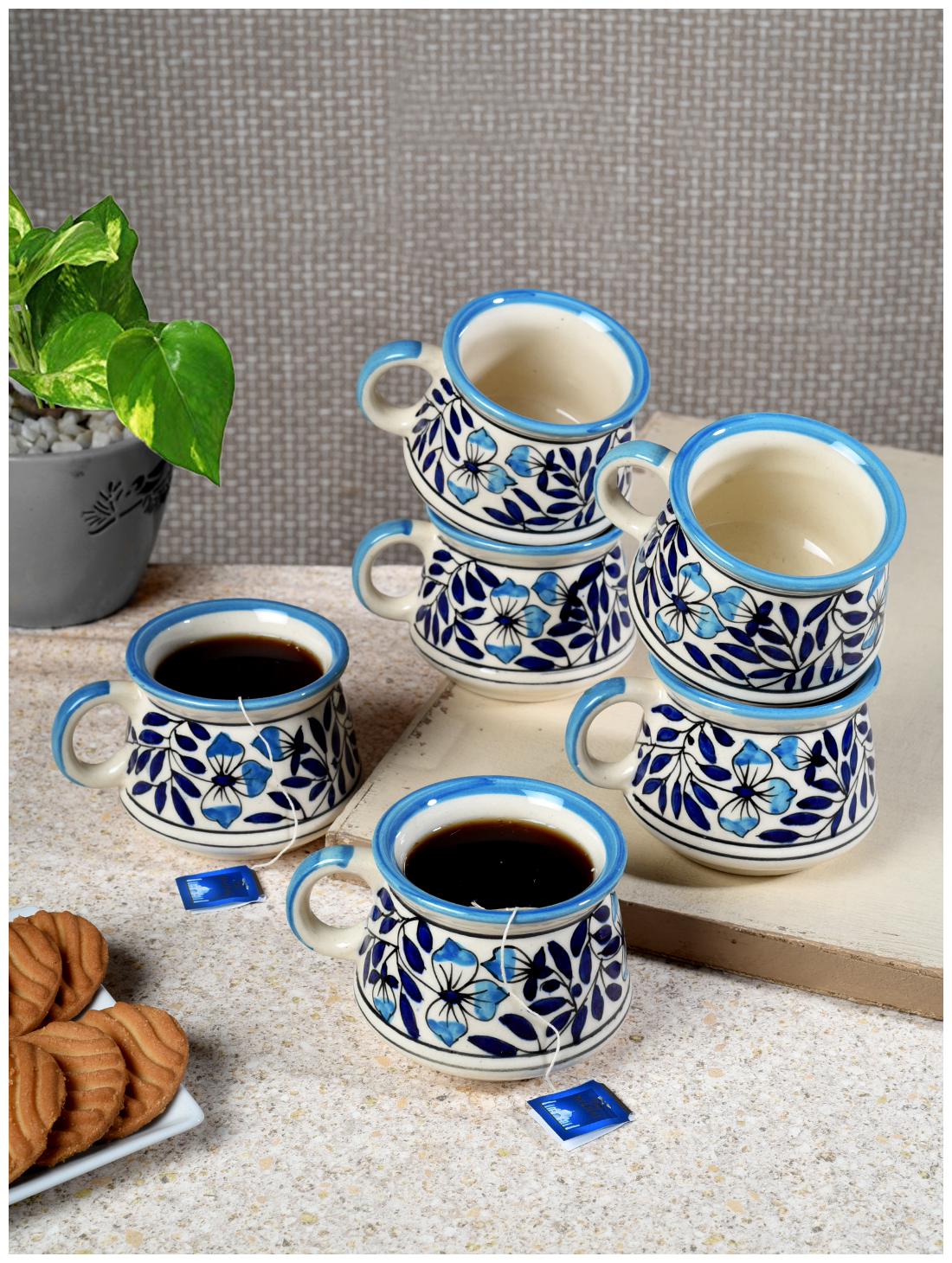 

Tashveen Articles Coffee Mug Tea Cups Hand Painted Tea Cup Set of 6 ( White with Blue and Sky Blue Hand Painting in Glossy Finish) Coffee Cup Ceramic Cup and Tea Set (180 ml)