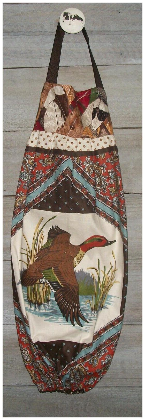 

Teal Duck in Flight Cattails Paisley Feathers Grocery Bag Rag Sock Holder