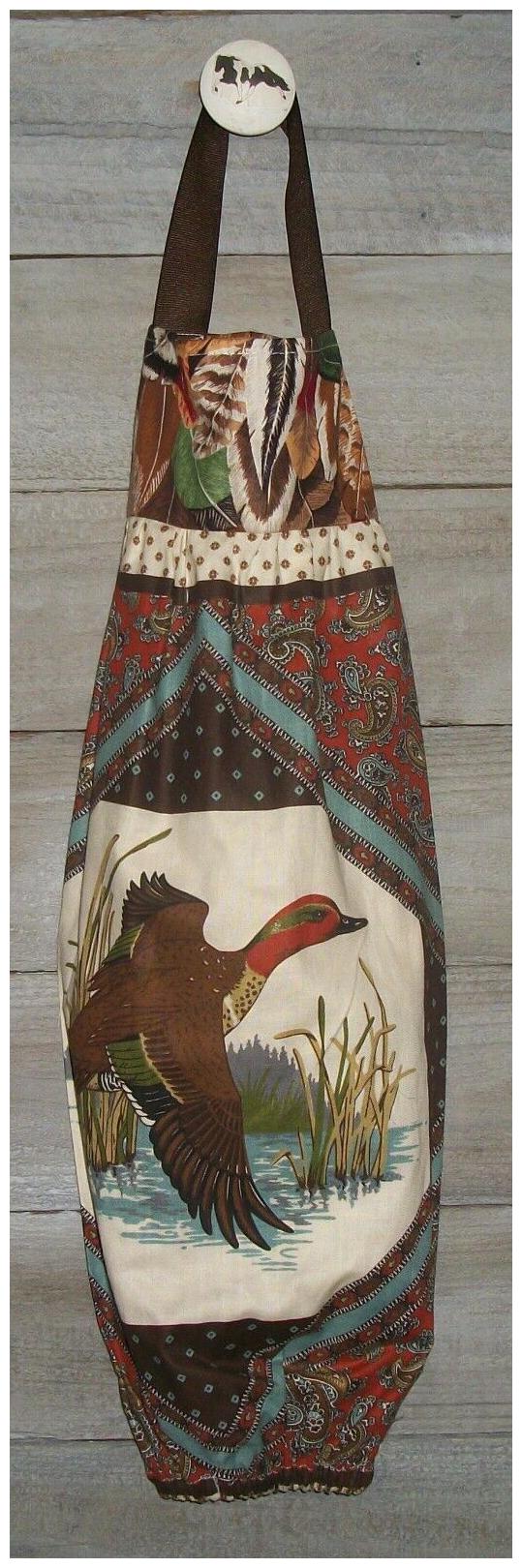 

Teal Duck in Flight Cattails Paisley Feathers Grocery Bag Rag Sock Holder