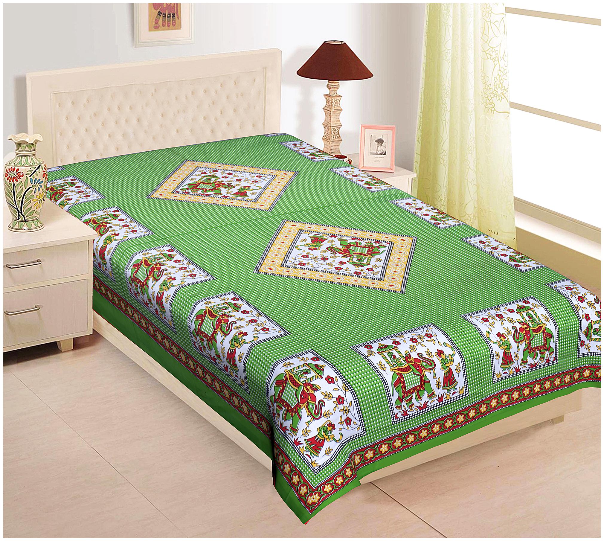 

TEXSTYLERS Cotton Rajasthani Jaipuri Print Single Size Bedsheet 144 TC ( 1 Bedsheet Without Pillow Covers Green )