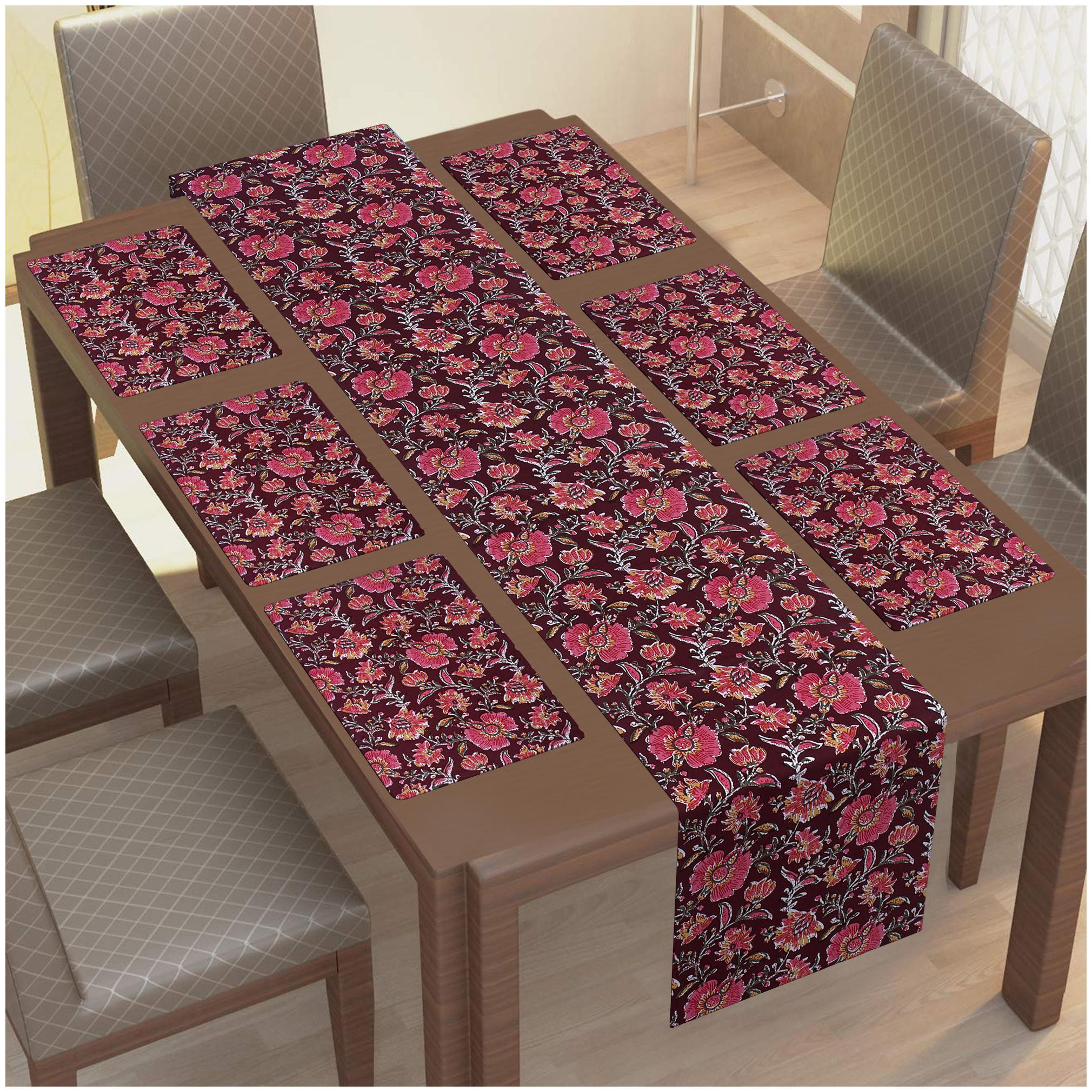 

TEXSTYLERS 100 Cotton Jaipuri Block Printed 6 Table Mat and 1 Runner Set