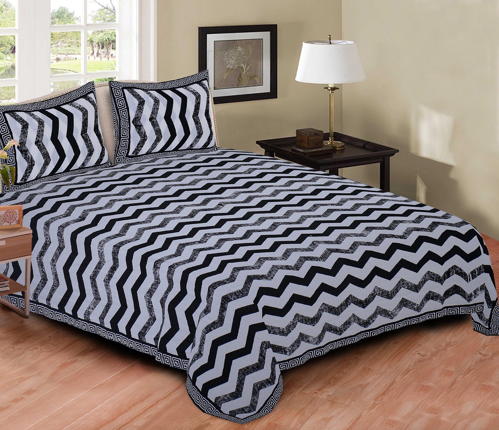 

TEXSTYLERS Cotton Abstract Double Size Bedsheet 220 TC ( 1 Bedsheet With 2 Pillow Covers Black )