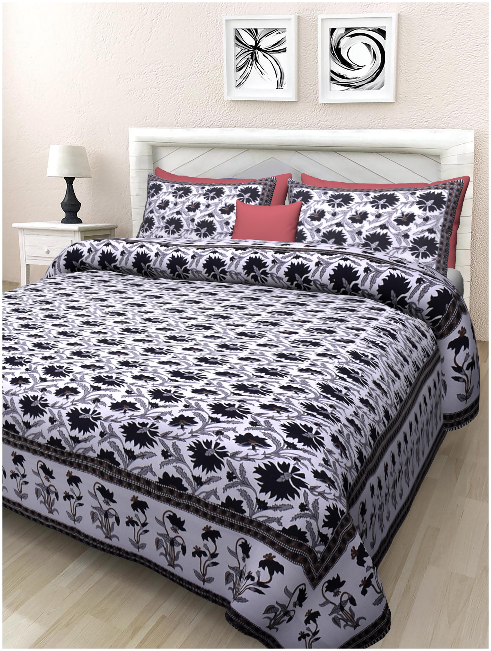 

TEXSTYLERS Cotton Floral Double Size Bedsheet 180 TC ( 1 Bedsheet With 2 Pillow Covers Black )