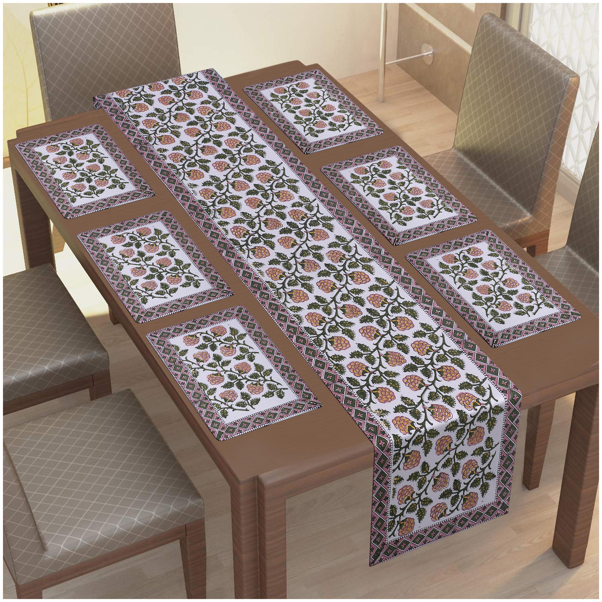 

TEXSTYLERS 100 Cotton Jaipuri Block Printed 6 Table Mat and 1 Runner Set