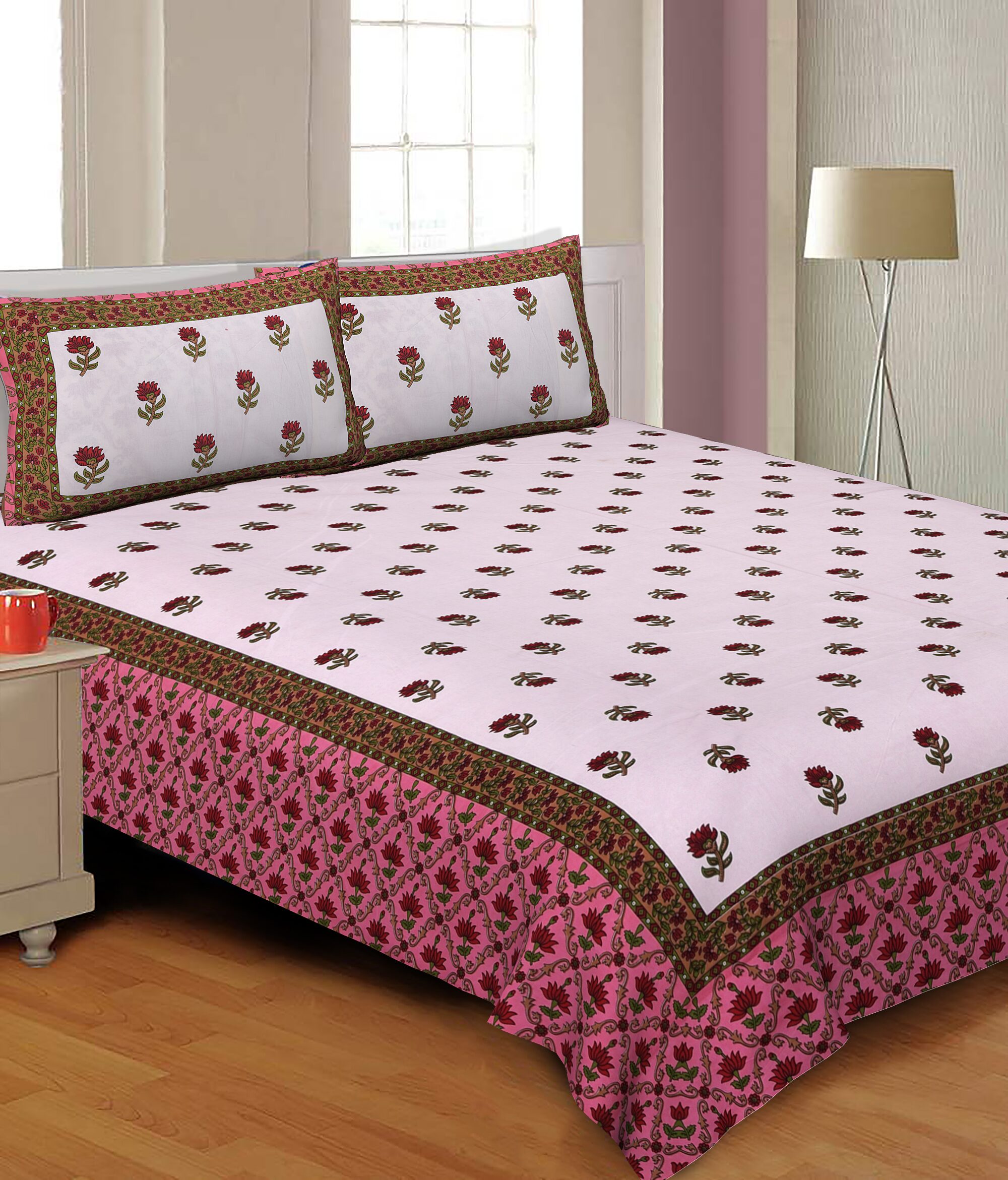 

TEXSTYLERS Cotton Printed Double Size Bedsheet 180 TC ( 1 Bedsheet With 2 Pillow Covers Multi )