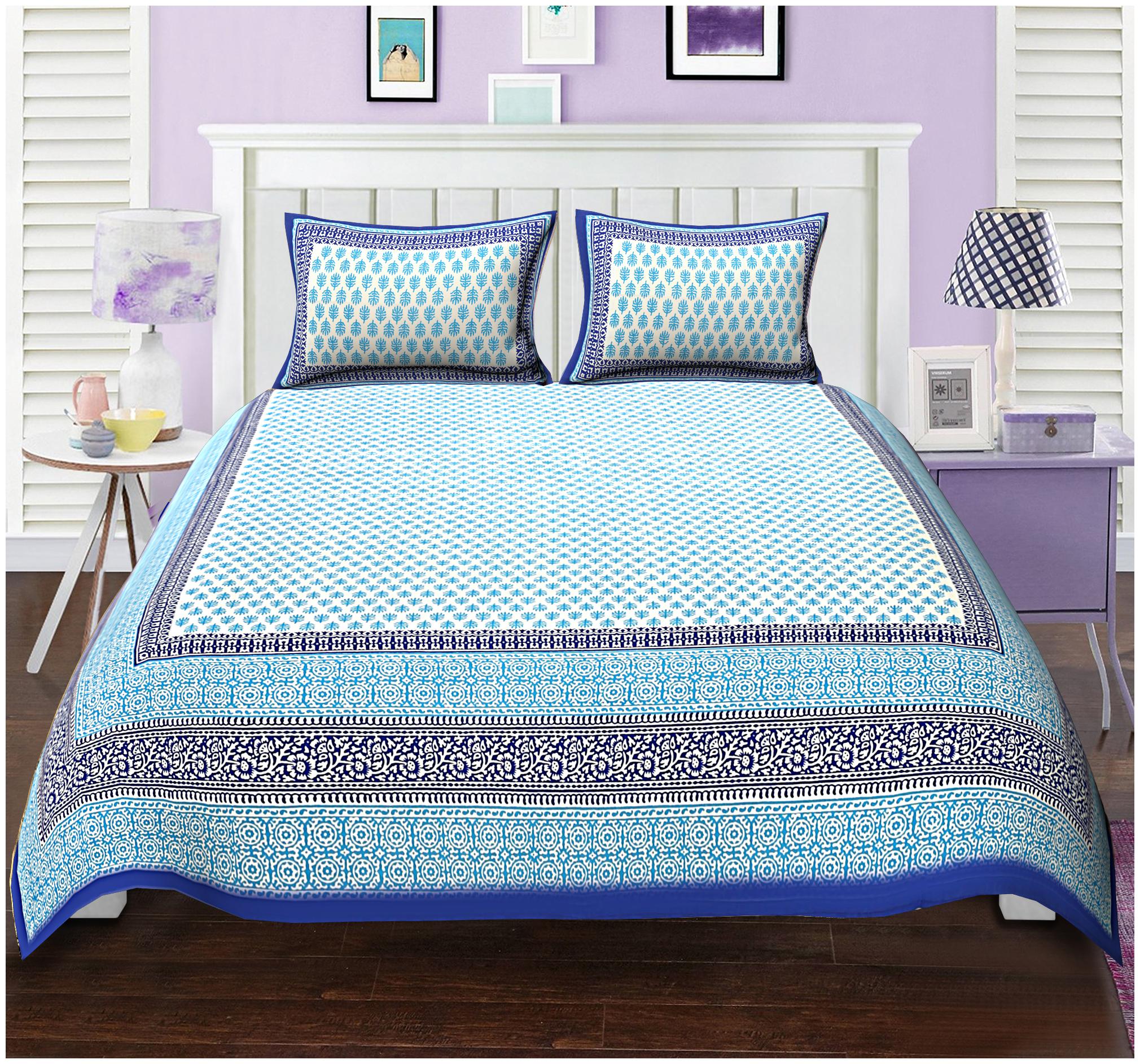 

TEXSTYLERS Cotton Floral Double Size Bedsheet 180 TC ( 1 Bedsheet With 2 Pillow Covers Blue )