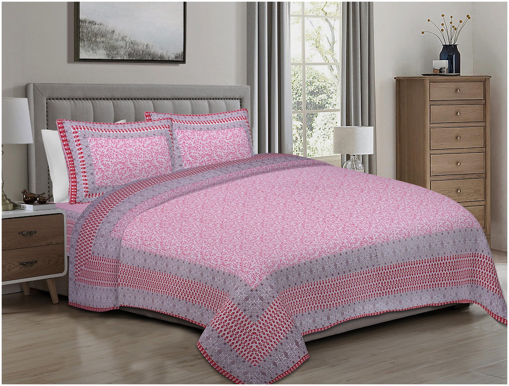 

TEXSTYLERS Cotton Floral King Size Bedsheet 220 TC ( 1 Bedsheet With 2 Pillow Covers Pink )