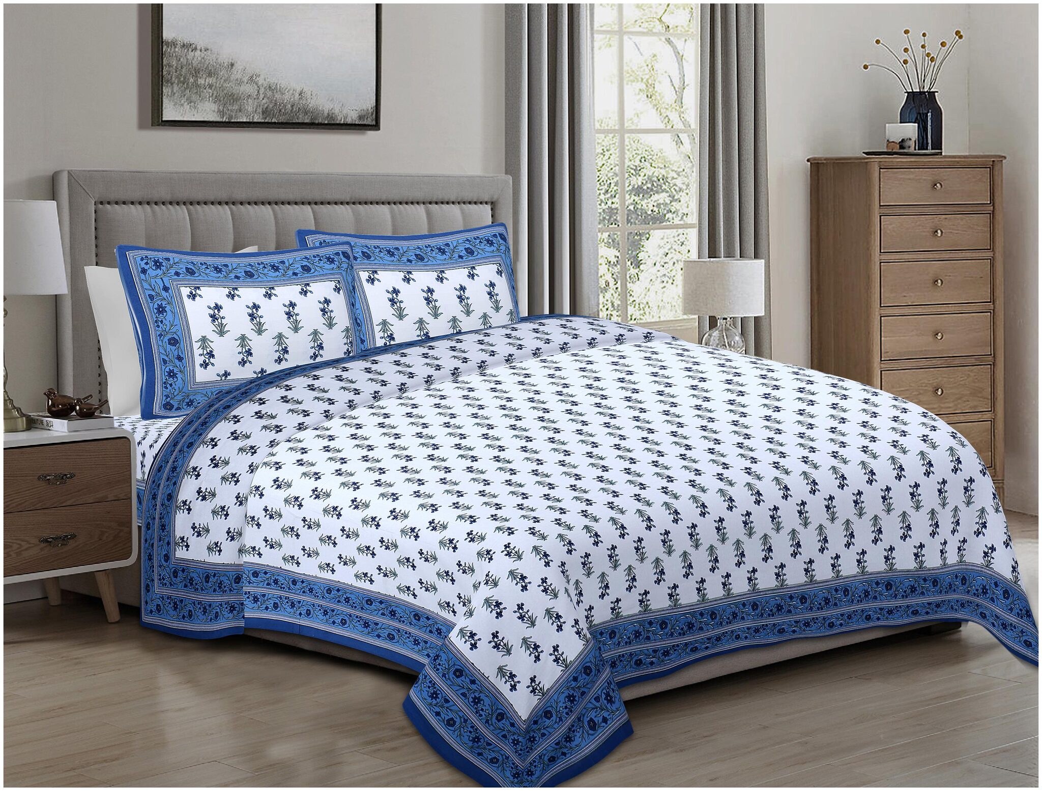 

TEXSTYLERS Cotton Floral King Size Bedsheet 220 TC ( 1 Bedsheet With 2 Pillow Covers Blue )