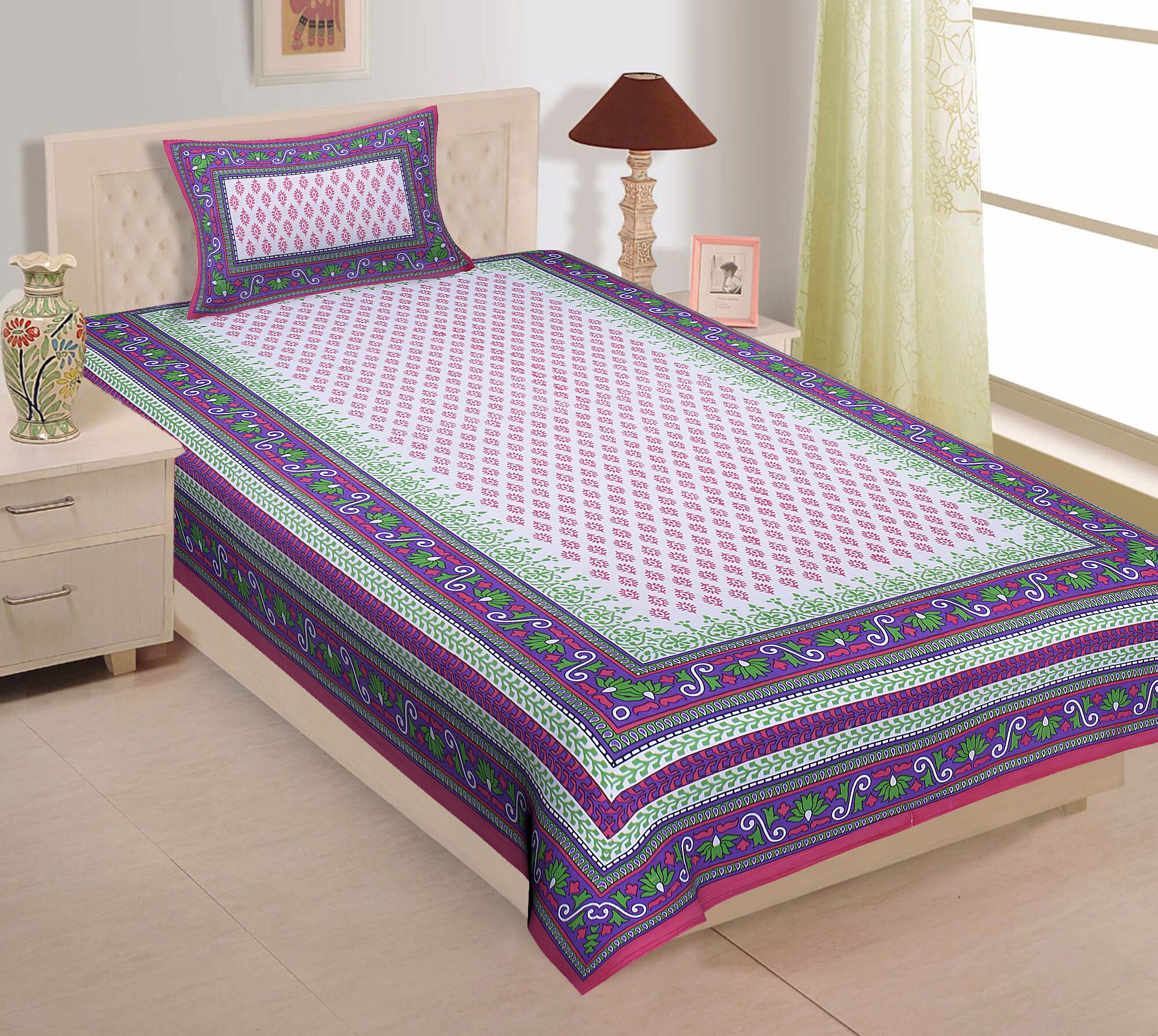 

TEXSTYLERS Cotton Printed Single Size Bedsheet 200 TC ( 1 Bedsheet With 1 Pillow Covers Multi )