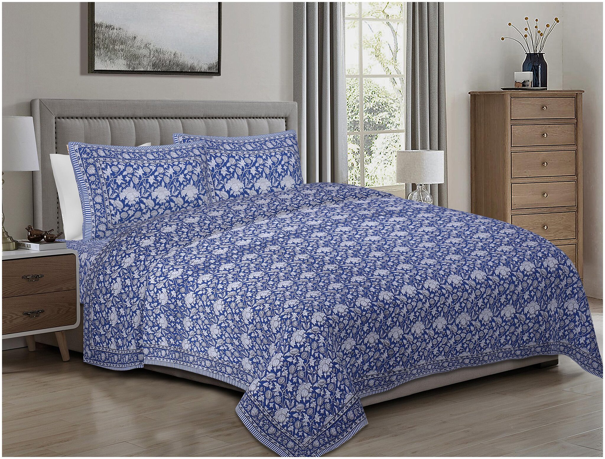 

TEXSTYLERS Cotton Floral King Size Bedsheet 220 TC ( 1 Bedsheet With 2 Pillow Covers Blue )