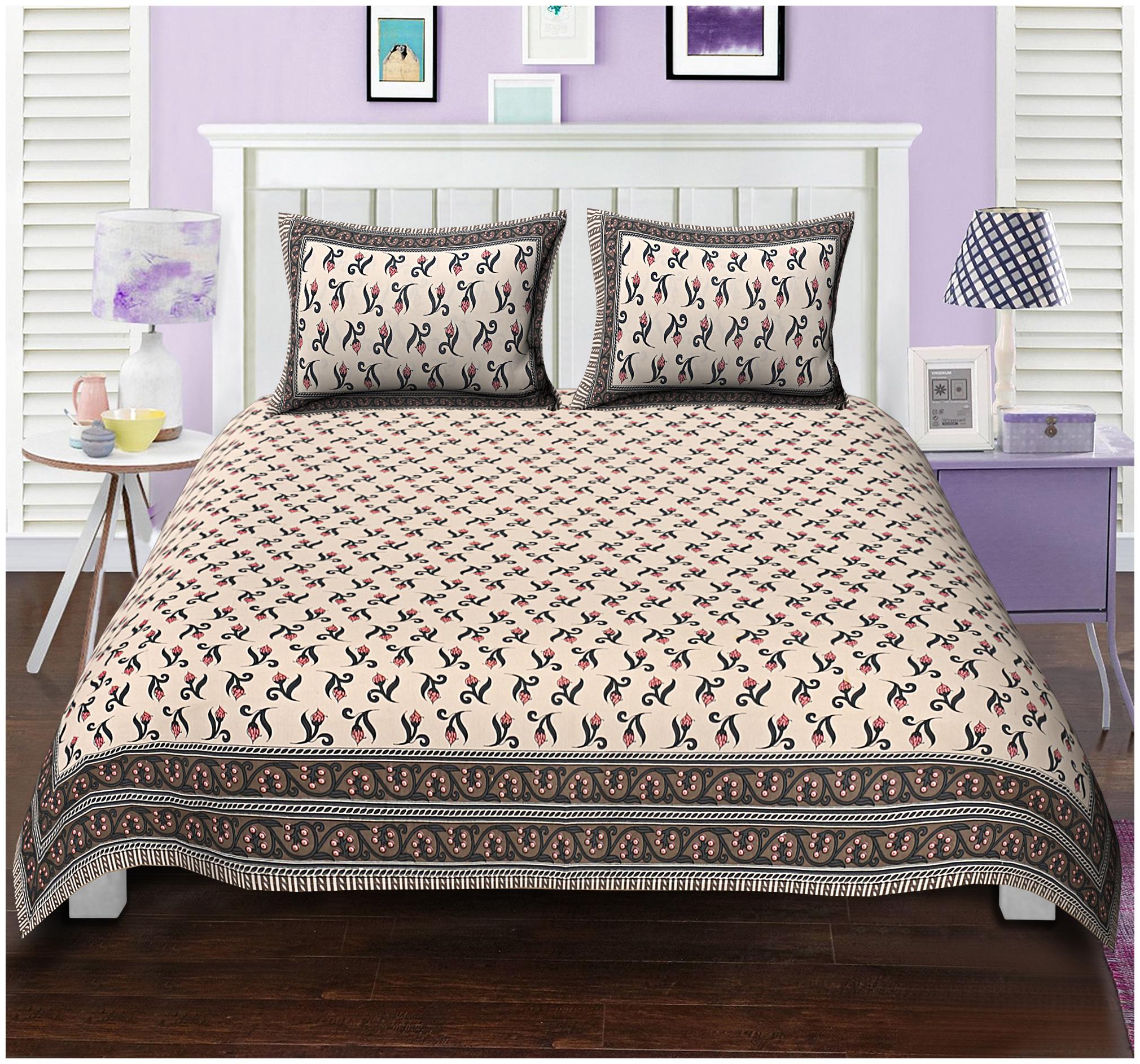 

TEXSTYLERS Cotton Floral Double Size Bedsheet 144 TC ( 1 Bedsheet With 2 Pillow Covers Beige Grey )