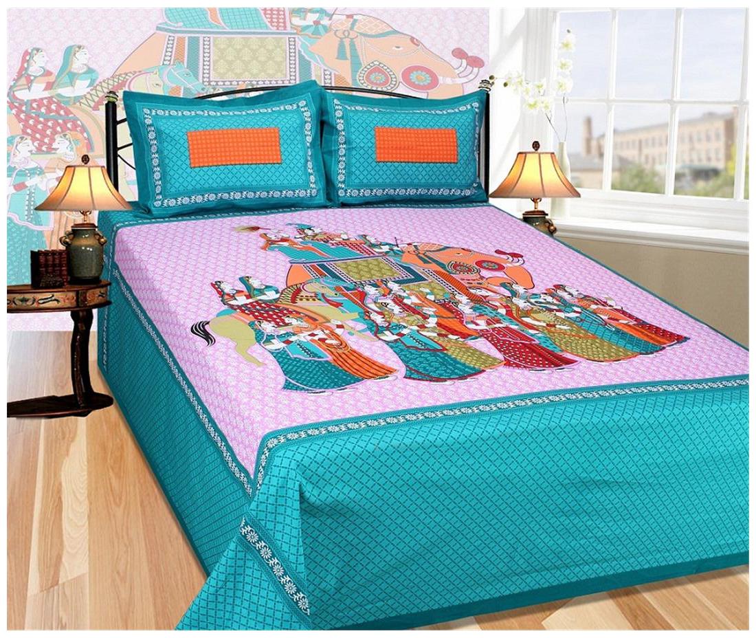 

The Intellect Bazaar Cotton Rajasthani Jaipuri Print King Size Bedsheet 120 TC ( 1 Bedsheet With 2 Pillow Covers Green )