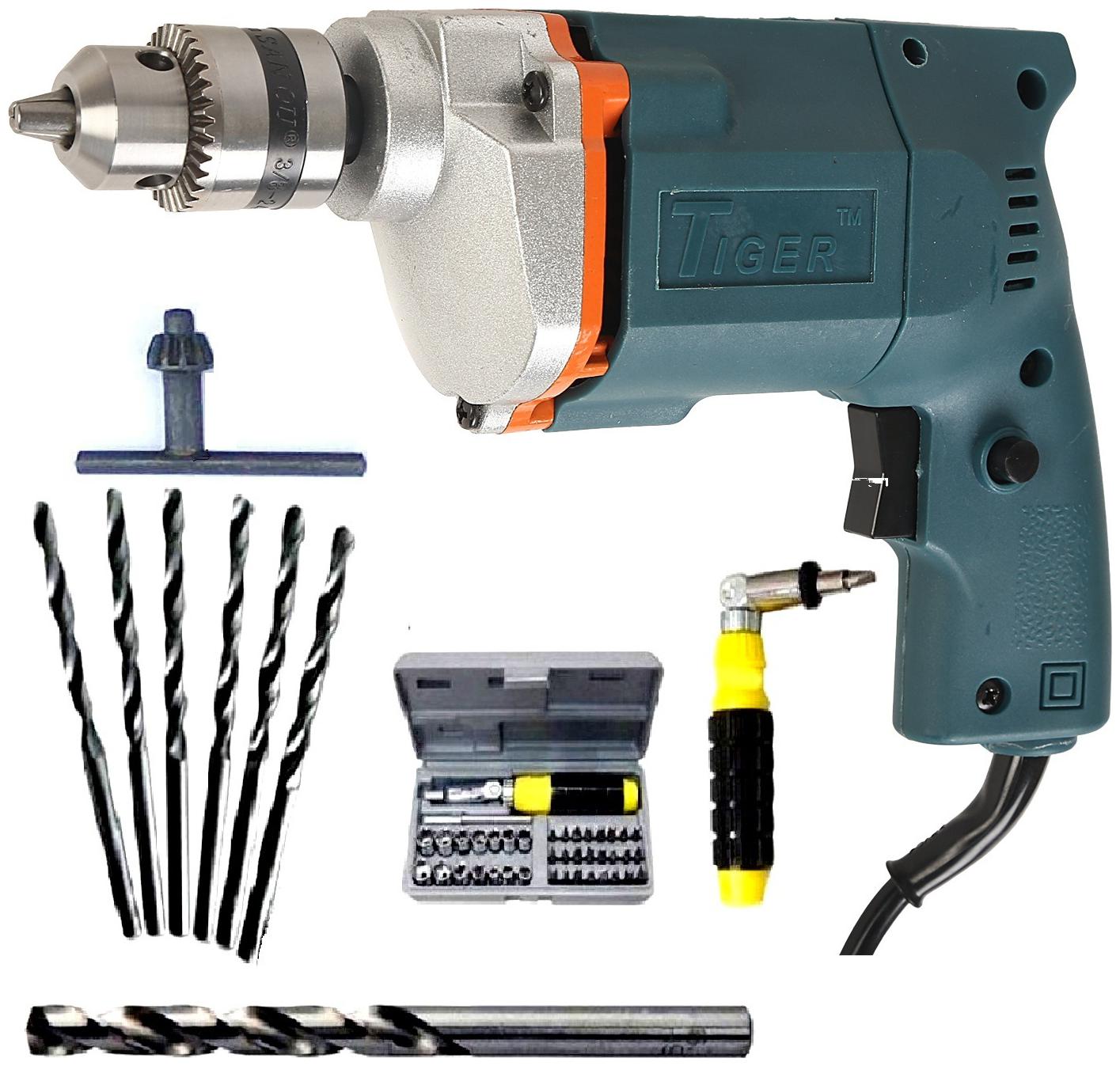 

Tiger Powerful Electric Drill Machine 10mm With 6HSS 1 Masonry Bit 41 pcs Screwdriver Set