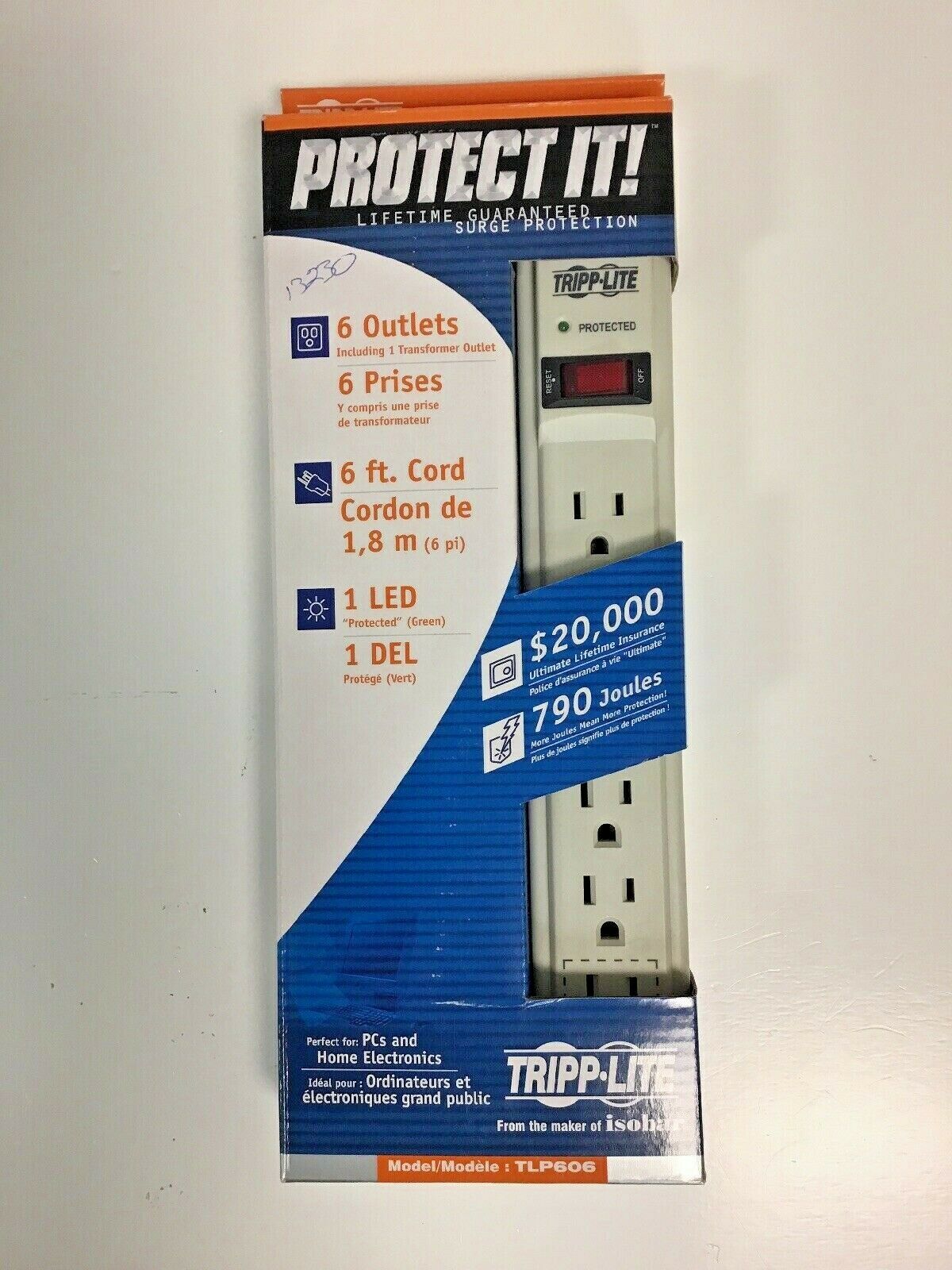 

TLP606 TRIPP LITE SURGE PROTECTOR 6 OUTLETS 6 FOOT CORD 750 JOULES