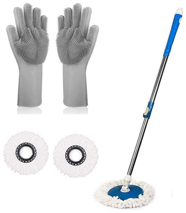 

TOPREDO 360 Degree Mop Rod Stick Stainless Steel with 3 Refills Super Absorbent Refills for All Home Office Floor Cleaning Free Silicone Gloves