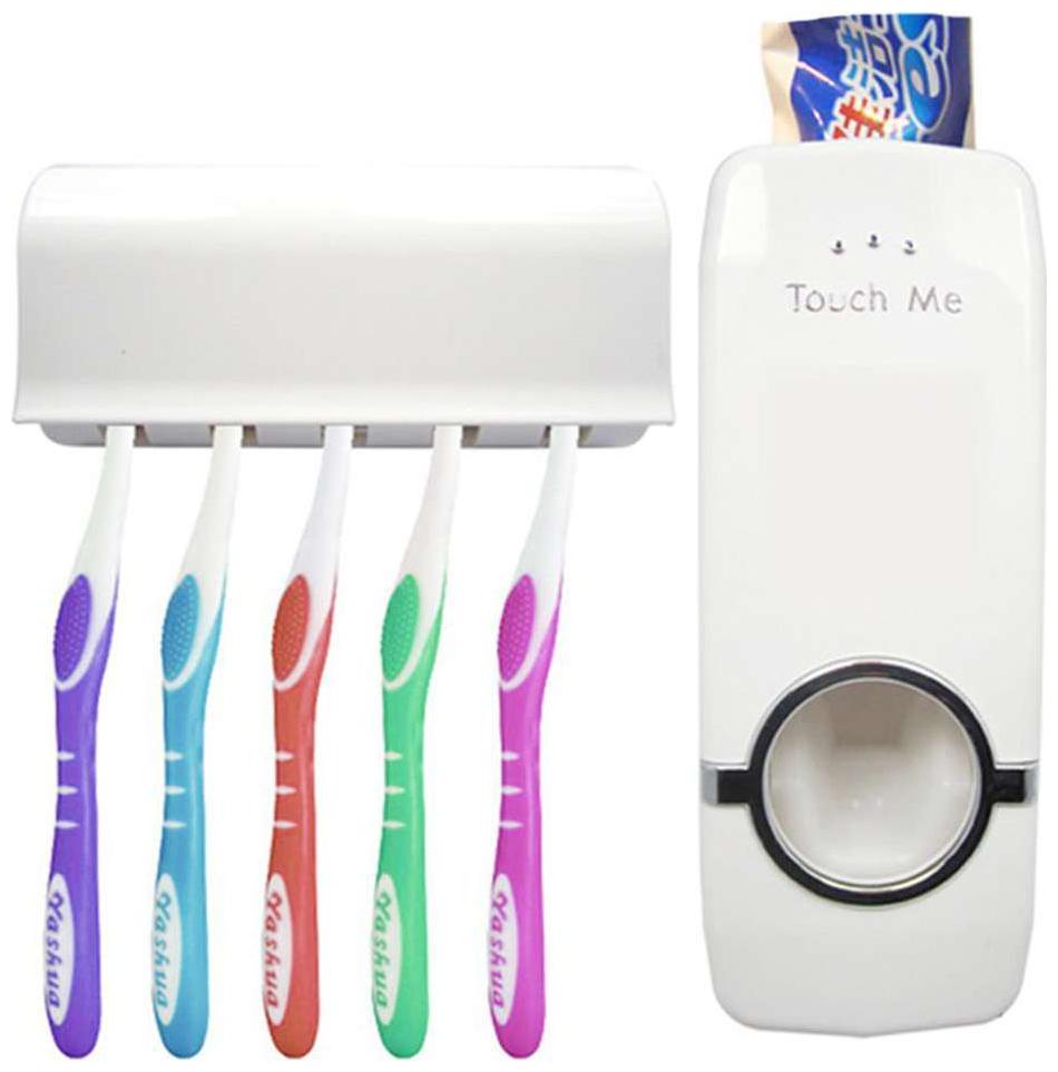 

SUPERTEXON Toothpaste Dispenser With 5 Toothbrush Holder Set Wall Mount Stand Plastic Toothbrush Holder