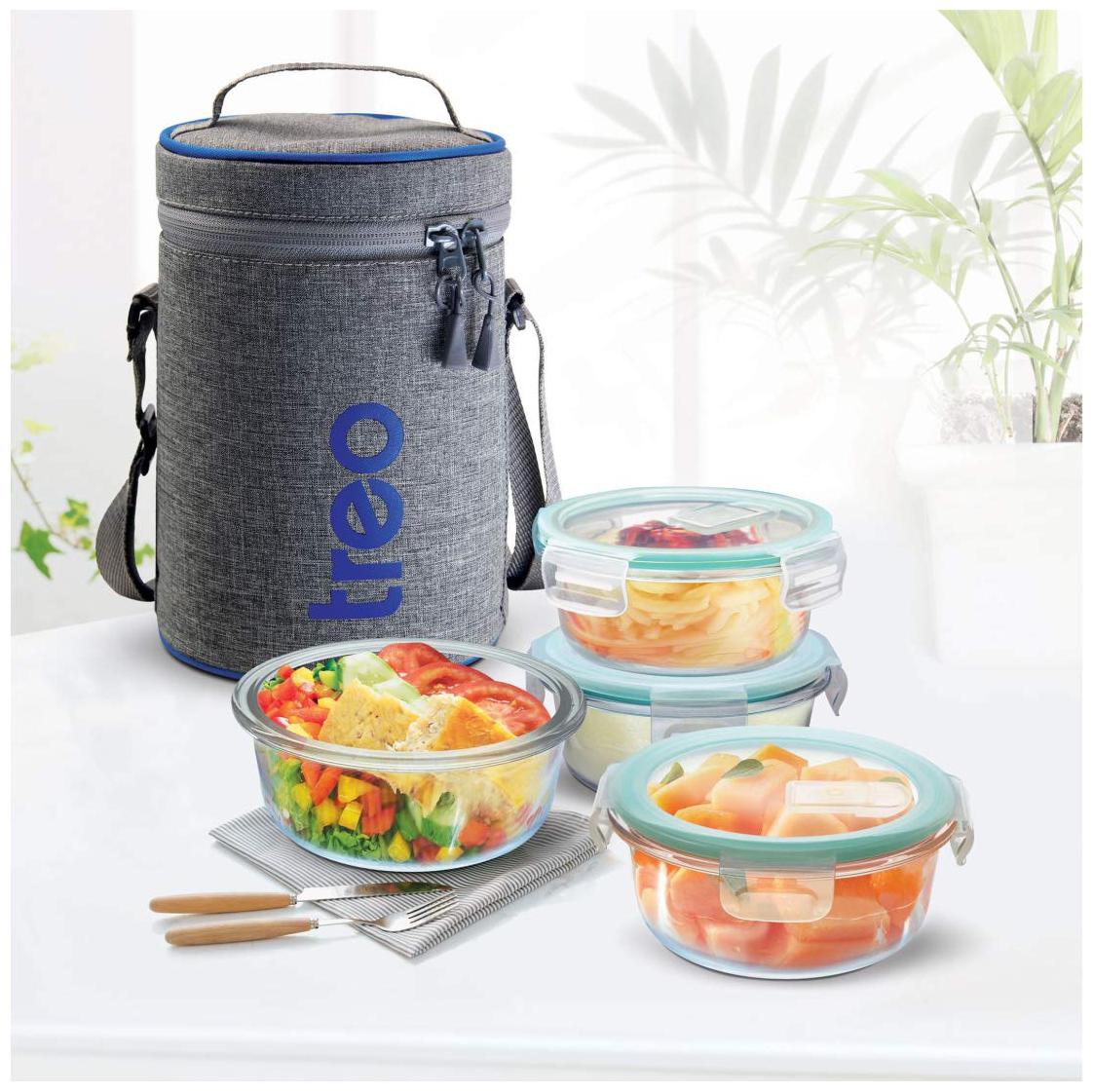 

Treo All fresh borosilicate glass tiffin 4pcs set Transparent 4 Containers Lunch box ( Set of 1 400 ml )