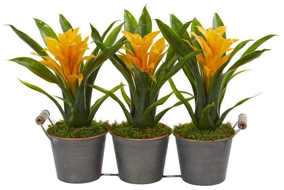 

Triple Potted Bromeliad Plant in Decorative Planter Yellow Nearly Natural Decor
