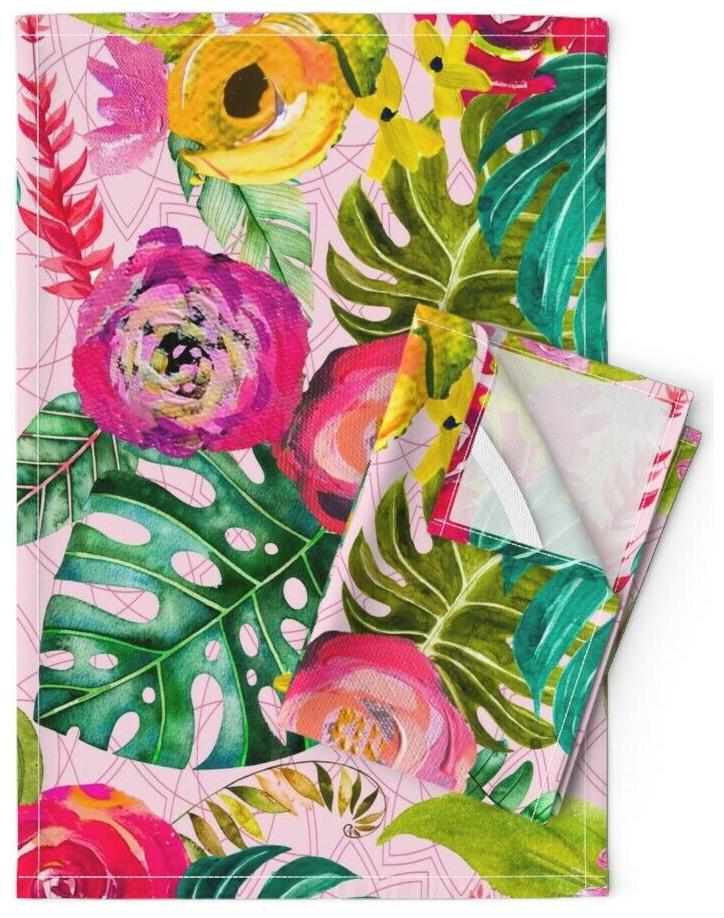 

Tropical Monstera Green Pink Jungle Linen Cotton Tea Towels by Roostery Set of 2