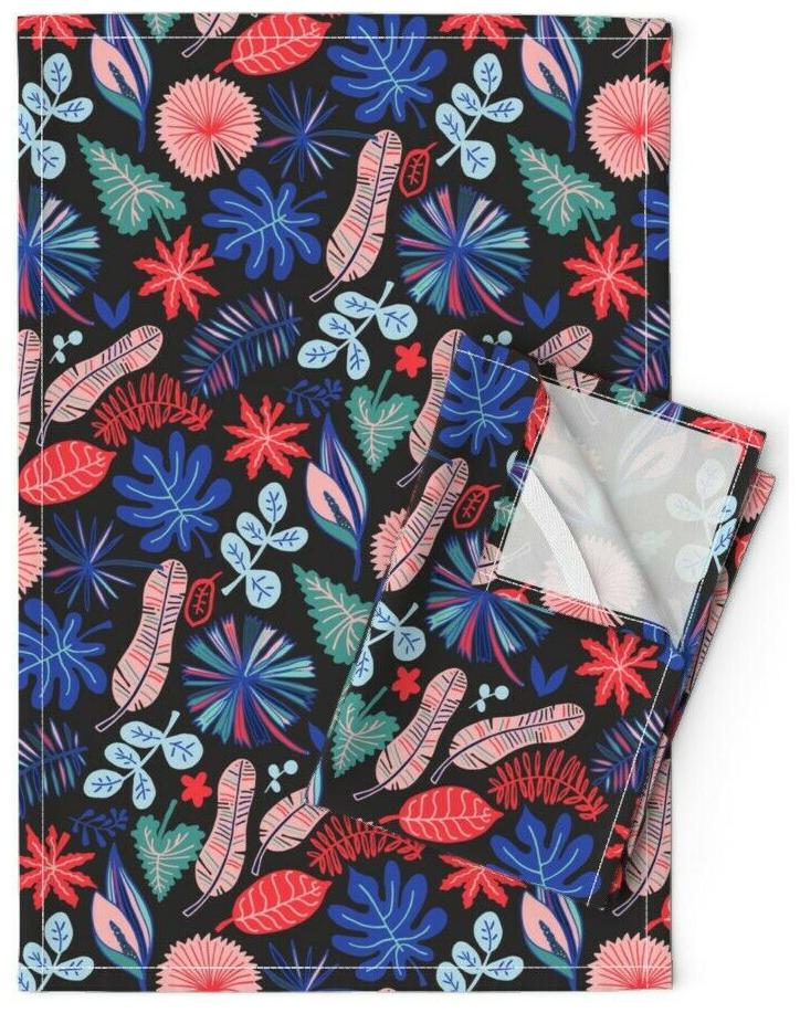 

Tropical Pink Leaves Pattern Exotic Linen Cotton Tea Towels by Roostery Set of 2