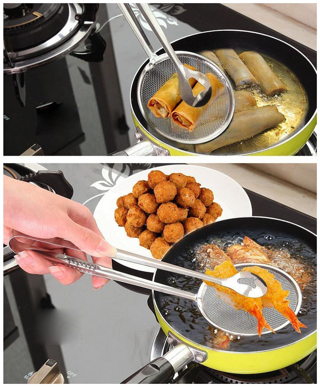 

TRYOKART 1 pcs Multi-Functional 2 in 1 Fry Tool Filter Spoon Strainer with Clip Oil Frying BBQ Filter Stainless Steel Mesh Strainer Kitchen Tool