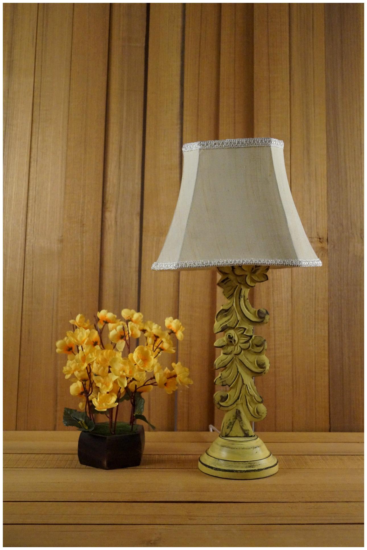 

Tucasa Yellow Carving Table Lamp Antique Finsih With Sqaure Shade Color-Khadi
