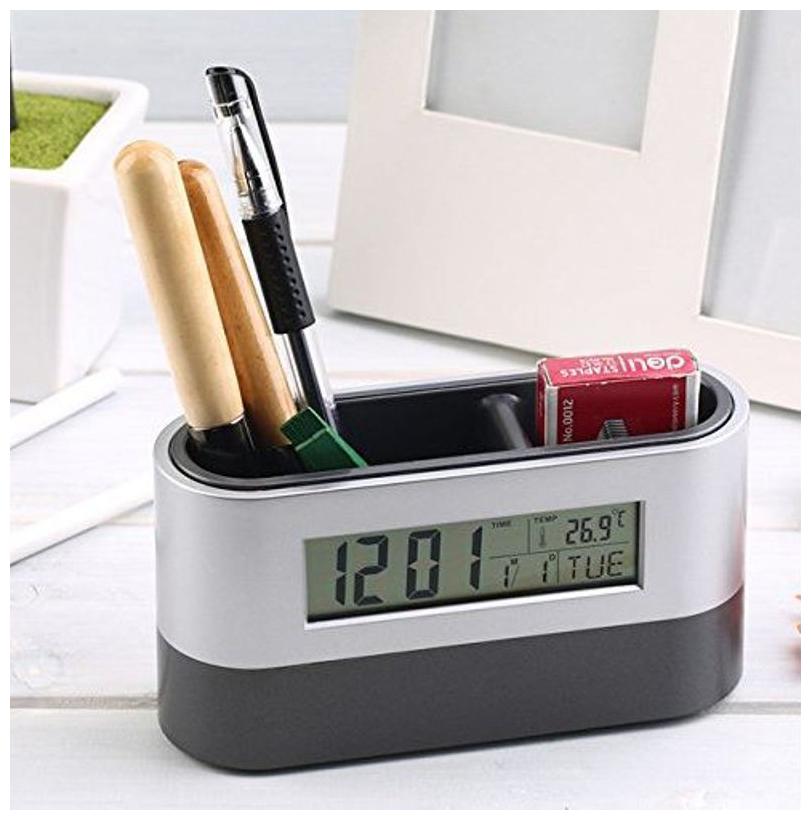 

Tuelip 2 Compartments Plastic desk organizer with alarm clock (Black Silver)