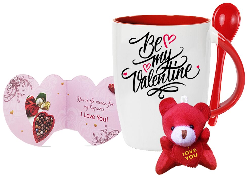

Tuelip Be My Velentine Printed Ceramic Spoon Mug With Teddy Keychain And Greeting Card for Tea and Coffee (350 ml )-Valentine Day Gift Mug