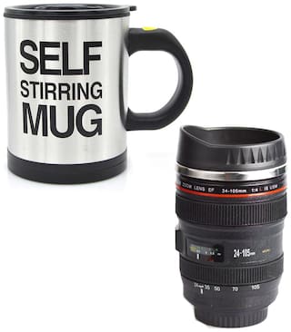 Tuelip Pack Of Stainless Steel Self Stirring Coffee Mug For Automatic Self Mixing 350 ml With Camera Lens Shaped Coffee Mug With Lid Inner Stainless Steel 400 ml